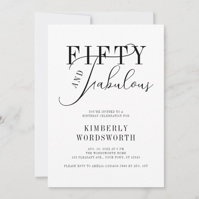 Invitation Fifty and Fabulous Minimal Script 50th Birthday (Devant)