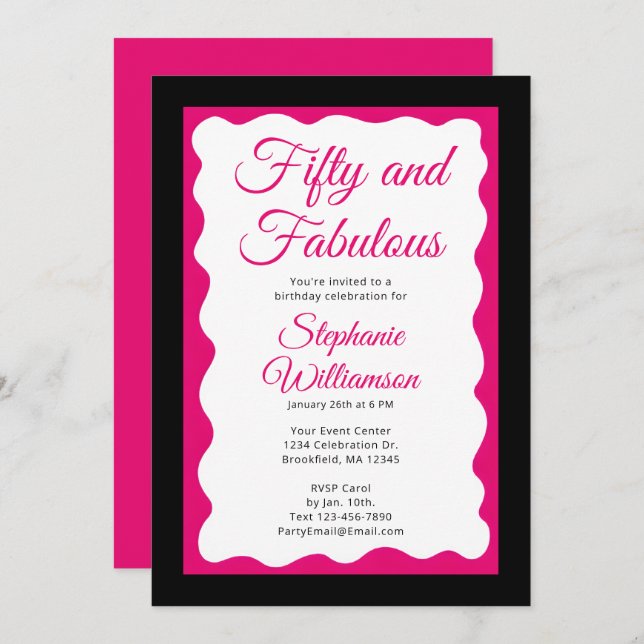 Invitation Fifty and Fabulous Pink and Black Script (Devant / Derrière)