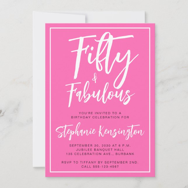 Invitation Fifty and Fabulous Pink Script 50th Birthday Party (Devant)