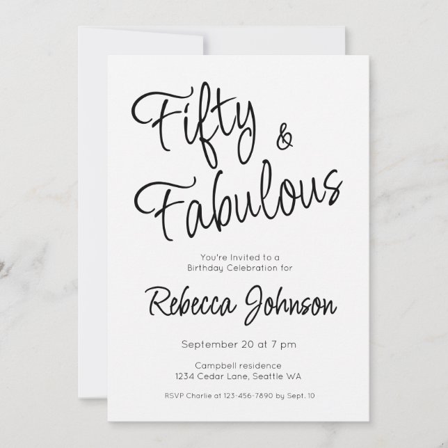 Invitation Fifty and Fabulous Script Black 50th Birthday (Devant)