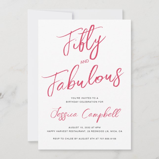 Invitation Fifty and Fabulous Script Pink 50th Birthday Party (Devant)