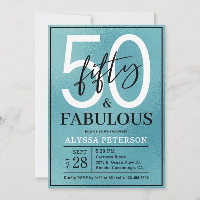 Invitation Fifty and Fabulous Teal Script 50th Birthday (Devant)