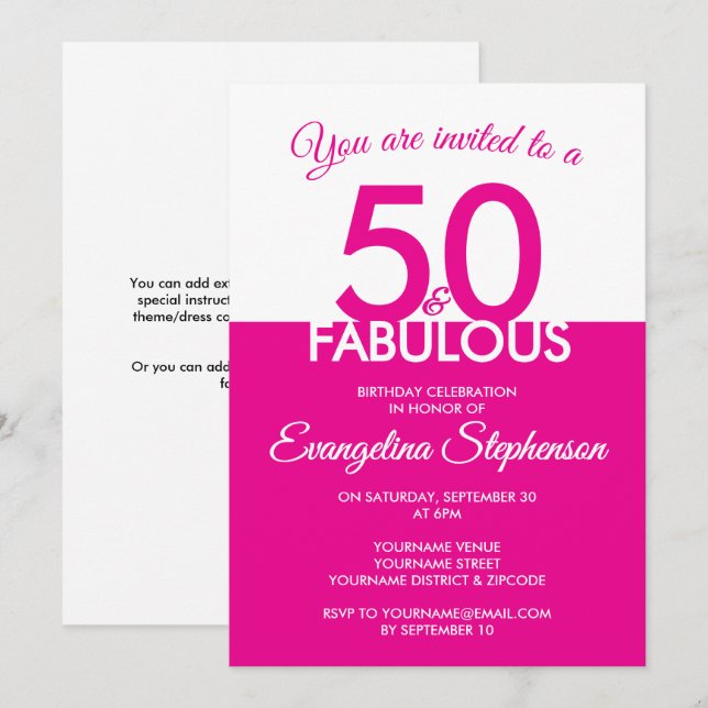 Invitation Fifty Fabulous Modern Pink White 50th Birthday  (Devant / Derrière)