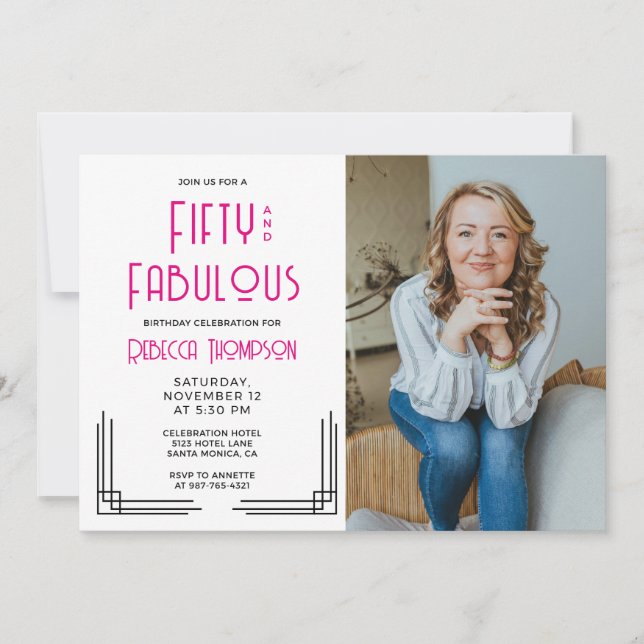 Invitation Fifty Fabulous Photo Art Deco Pink 50th Birthday (Devant)