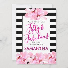Invitation Fifty & Fabulous Pink Floral Black Stripe Birthday
