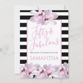 Invitation Fifty & Fabulous Pink Floral Black Stripe Birthday