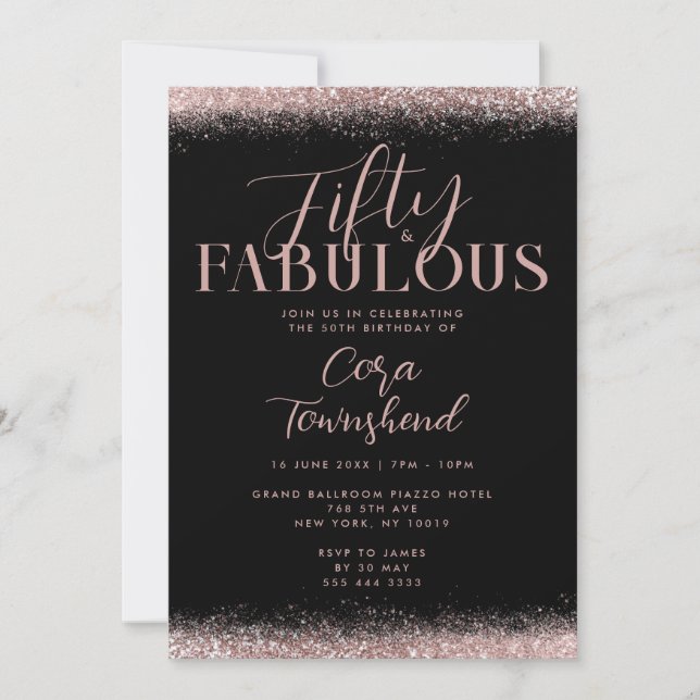 Invitation Fifty & Fabulous Rose Gold Glitter 50th Birthday (Devant)