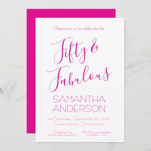 Invitation Fifty Fabulous Script Pink 50th Birthday Party  (Devant / Derrière)
