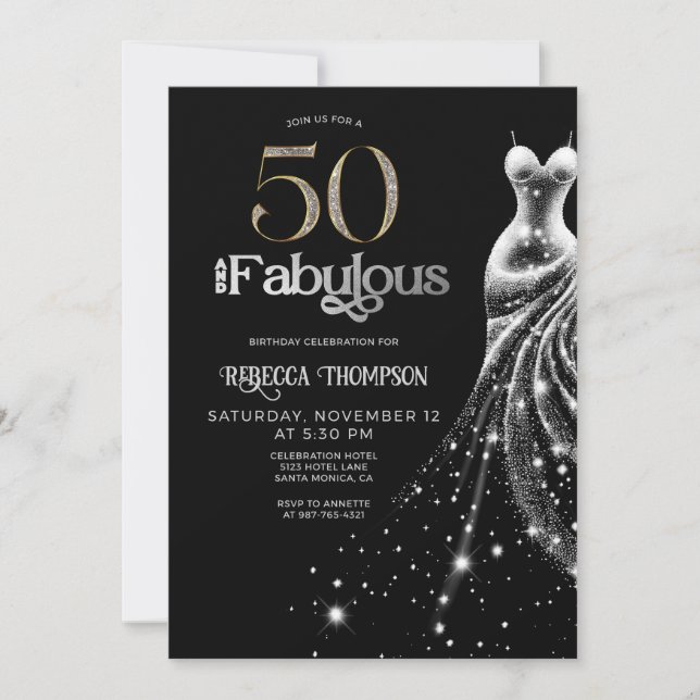 Invitation Fifty Fabulous Silver Dress Black 50th Birthday (Devant)