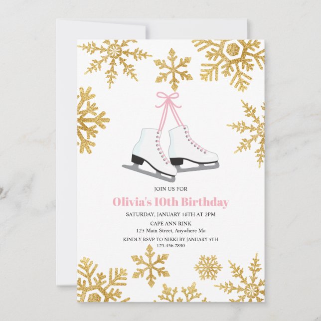 Invitation Figure Patinage Pink Gold Snowflake Anniversaire (Devant)