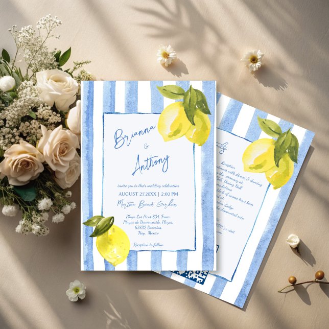 Invitation Fil à la main bleu rayures citrons italien mariage (Handrawn blue stripes lemons Italian wedding Invitation cards with RSVP template instant download)