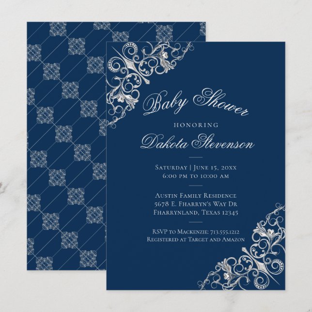 Invitation Filigree Art déco | Baby shower bleu Silver Navy (Devant / Derrière)