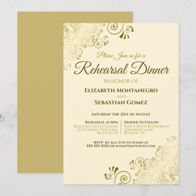 Invitation Filigree d'or sur Cream Mariage répétition et dîne (Devant / Derrière)
