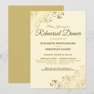 Invitation Filigree d'or sur Cream Mariage répétition et dîne
