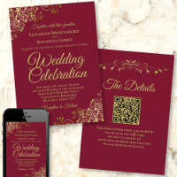 Filigree or sur Burgundy Elegant QR Code Mariage