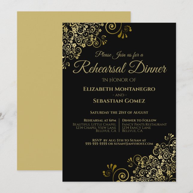 Invitation Filigree or sur le Mariage noir répétition et dîne (Devant / Derrière)