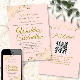 Invitation Filigree or sur Mariage de code QR élégant rose