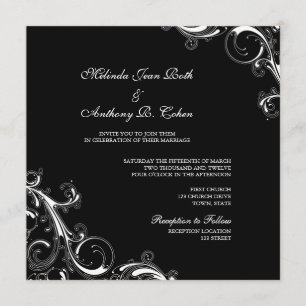 Invitation Filigree Swirl Noir avec Mariage Carré blanc