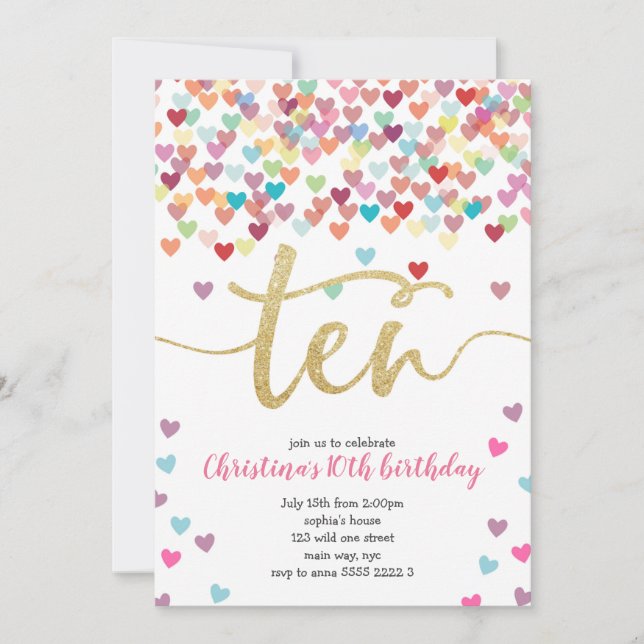 Invitation Fille 10e anniversaire Coeurs Confetti Rainbow Par (Devant)