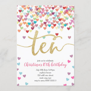 Invitation Fille 10e anniversaire Coeurs Confetti Rainbow Par