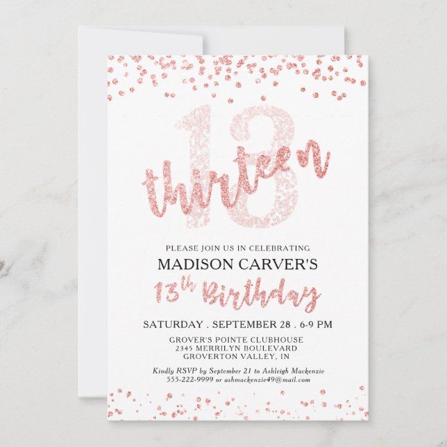 Invitation Fille 13e anniversaire Rose Parties scintillant d' (Devant)
