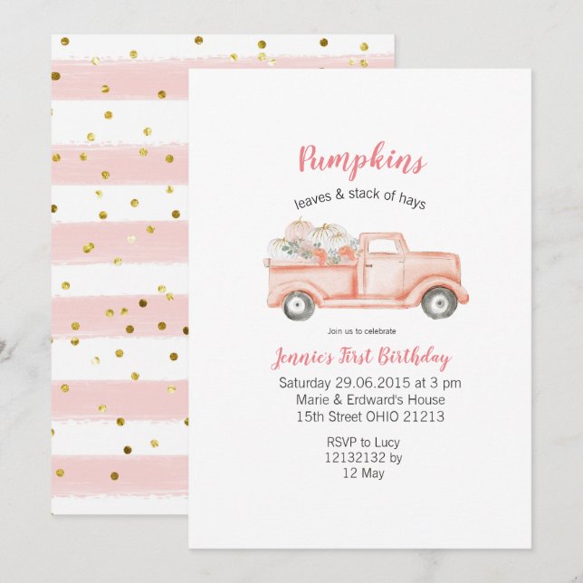 Invitation Fille 1er anniversaire Camion Citrouille rose Anni (Devant / Derrière)