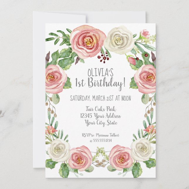 Invitation Fille 1er Anniversaire Florale de rose rose noire (Devant)