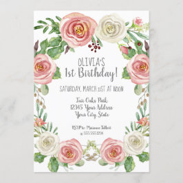 Invitation Fille 1er Anniversaire Florale de rose rose noire