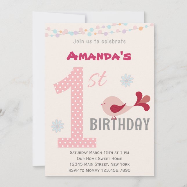 Invitation Fille 1er anniversaire Invitation Oisea (Devant)