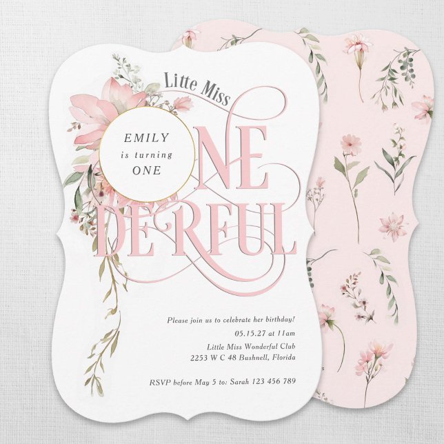 Invitation Fille 1er anniversaire Little Miss Onederland rose (Wildflower Little Miss Onederland, Girl 1st birthday invitation.)