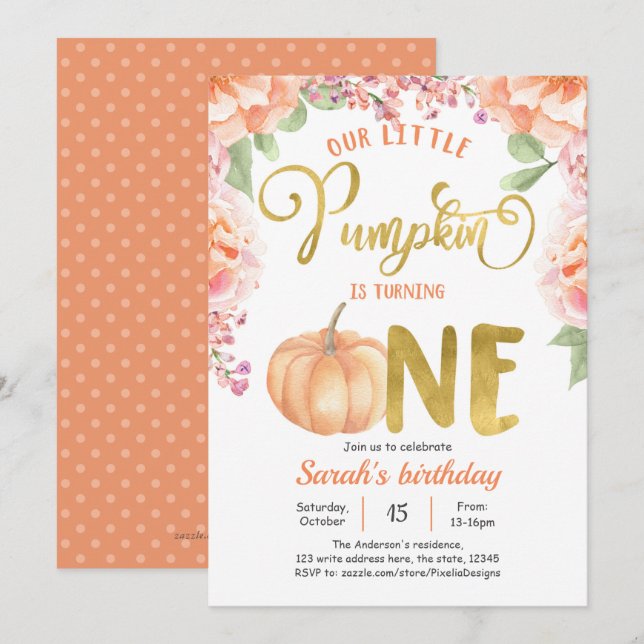 Invitation Fille 1er anniversaire, Petit Citrouille d'automne (Devant / Derrière)