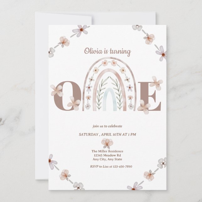 Invitation Fille 1er anniversaire | Rainbow Boho (Devant)