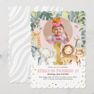 Invitation Fille 1er anniversaire Safari Jungle animaux photo