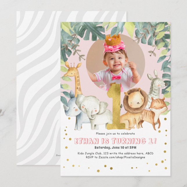Invitation Fille 1er anniversaire Safari Jungle animaux photo (Devant / Derrière)