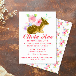 Invitation Fille 1er anniversaire Woodland rose Floral