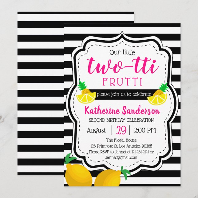 Invitation Fille 2 Anniversaire Deux Frutti Tropical Jumelé (Devant / Derrière)