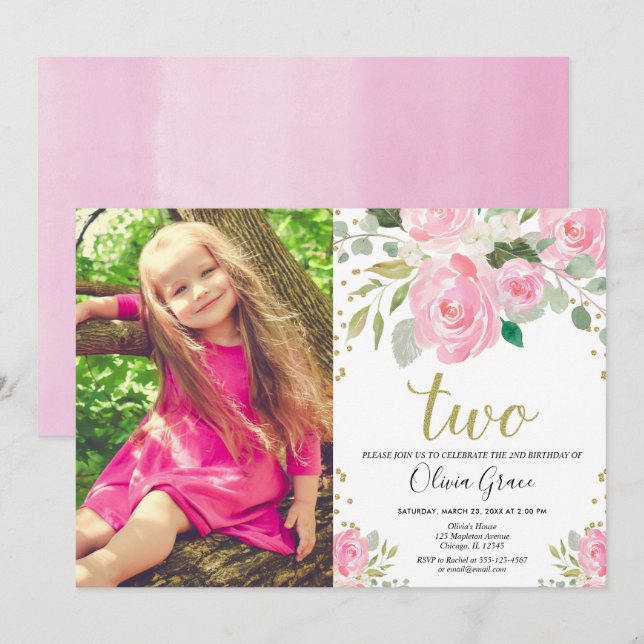 Invitation Fille 2e anniversaire blush or rose floral élégant (Devant / Derrière)