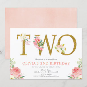 Invitation Fille 2e anniversaire rose et or floral