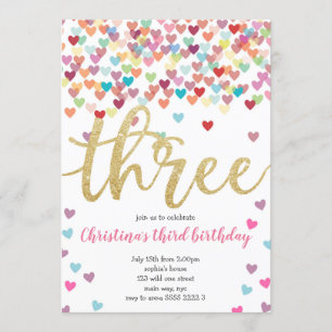 Invitation Fille 3e anniversaire Coeurs Confetti Parties scin