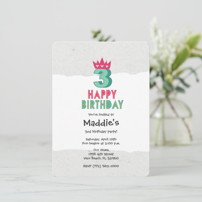 Invitation Fille 3e anniversaire Princesse Photo Party Invita (Debout devant)