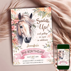 Invitation Fille 3ème Anniversaire Cheval Fleur Sa