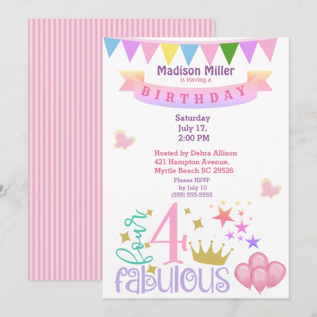 Invitation Fille 4 et fête d'anniversaire fabuleuse (Devant / Derrière)