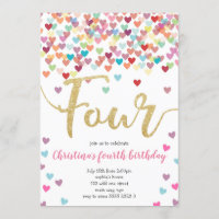 Fille 4e Anniversaire Coeurs Confetti Rainbow Part