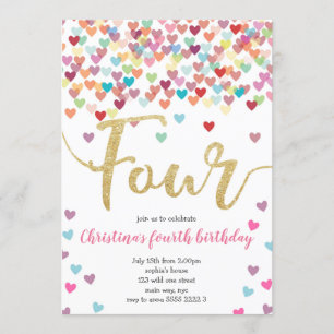 Invitation Fille 4e Anniversaire Coeurs Confetti Rainbow Part