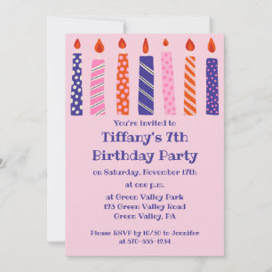 Invitation Fille 7 Anniversaire 7 Pink, Purple Candles Party