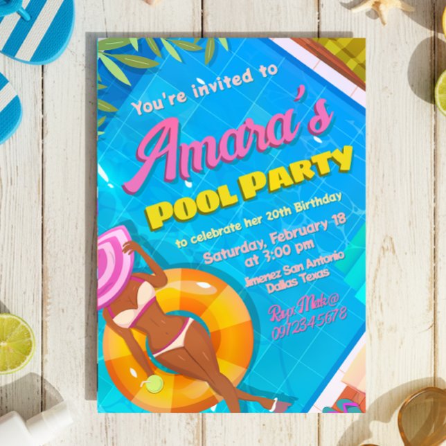 Invitation Fille à la Fête de Piscine (Pool Party Invitation)