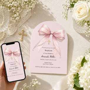 Invitation Fille à l'arc rose perles élégant Baptême