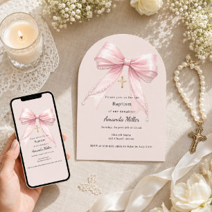 Invitation Fille à l'arc rose perles taupe Baptême