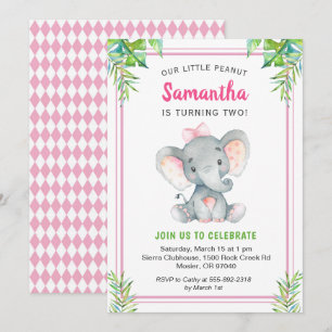 Invitation Fille à l'éléphant rose Anniversaire Fête Little P