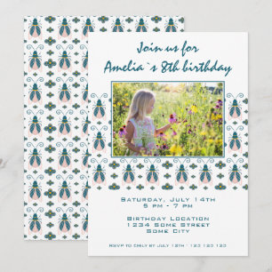 Invitation Fille à motif de fleurs d'insectes roses Photo Ann